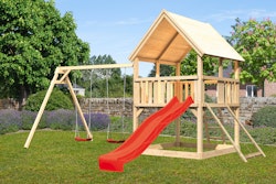 Akubi Kinderspielturm Luis mit Doppelschaukel, Netzrampe und Wellenrutsche