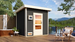 Karibu Gartensauna Pultdach Saunahaus Norge terragrau inkl. gratis Saunaofen im Wert von 599,99 €