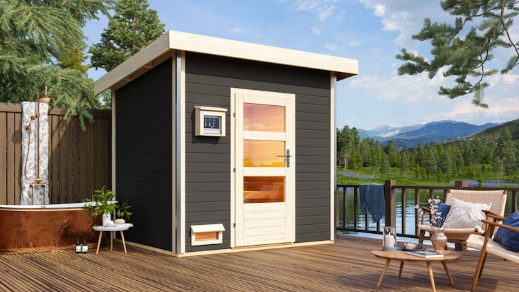 Karibu Gartensauna Pultdach Saunahaus Norge terragrau inkl. gratis Sauna-Zubehörset im Wert von 234,94 €