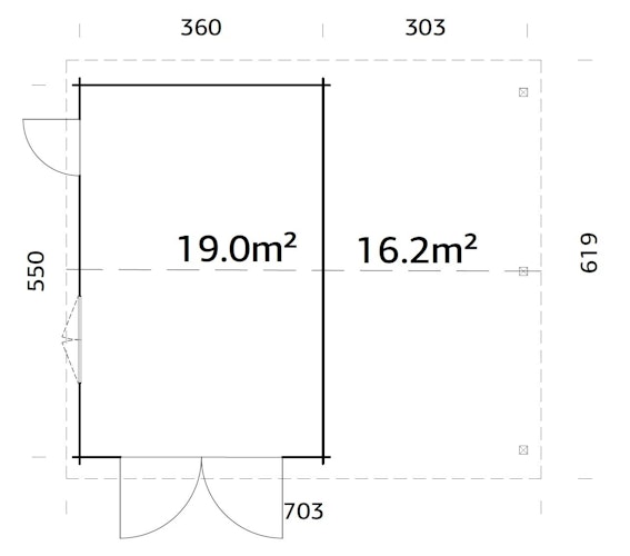 Palmako Garage Roger 19,0 + 16,2 m² - 44 mm - mit Holztor