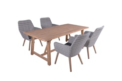 Garden Pleasure Gartenmöbel Set OAKLAND / RAPALLO, Tisch 200 x 100 + 4 Sessel, Akazie / Polyrattan Grau / Kissen 100 % Polyester Dunkelgrau