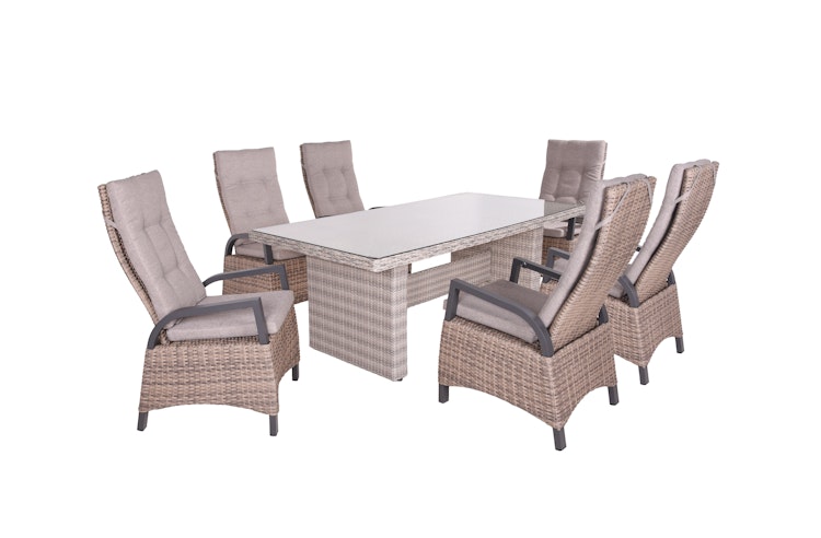 Garden Pleasure Gartenmöbel Set DIJON / AMELIA, Tisch 200 x 100 + 6 Hochlehner, Aluminium Anthrazit / Polyrattan Champagner / Kissen 100 % Polyester Creme