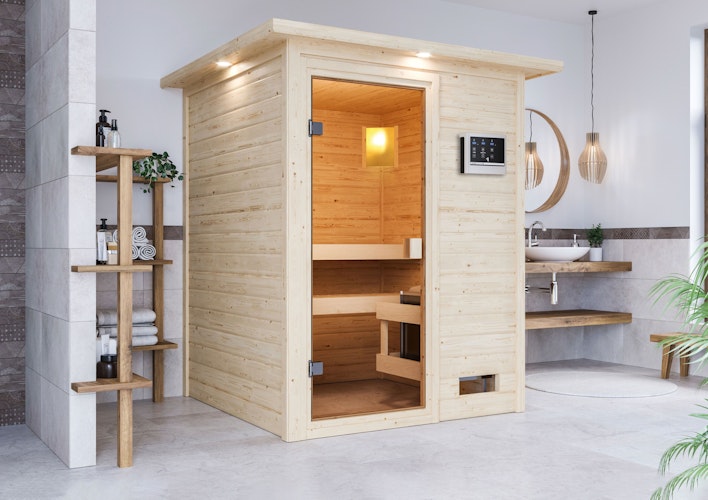 Karibu Woodfeeling Sauna Sandra - 38 mm Massivholz Aktionssauna inkl. gratis Sauna-Zubehörset im Wert von 234,94 €