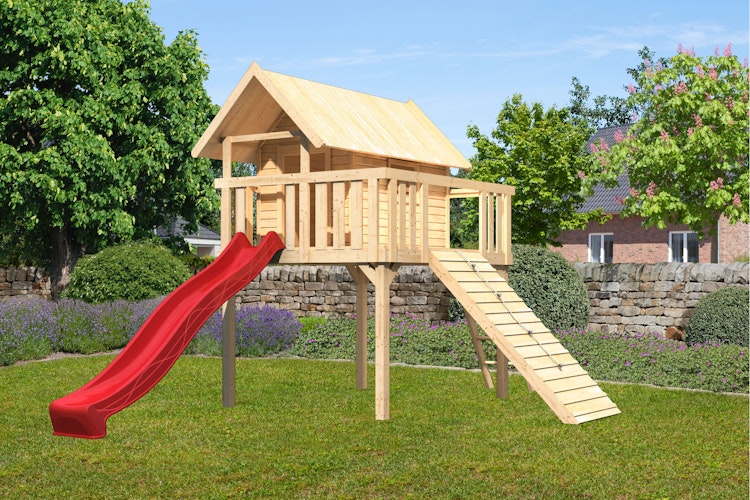 Akubi Stelzenhaus Fidel mit Satteldach inkl. Wellenrutsche und Holzrampe