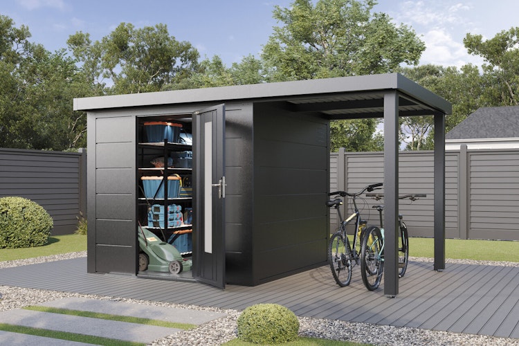 Wolff Finnhaus Premium Metall Gartenhaus Thorin 3924 Anthrazit inkl. 150 cm Anbaudach