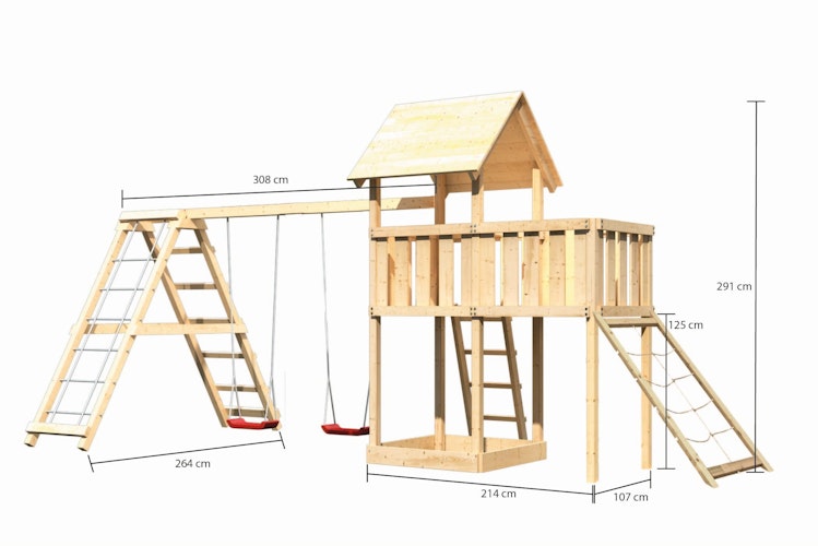 Akubi Kinderspielturm Lotti inkl. Doppelschaukel, Klettergerüst, Anbauplattform und Netzrampe
