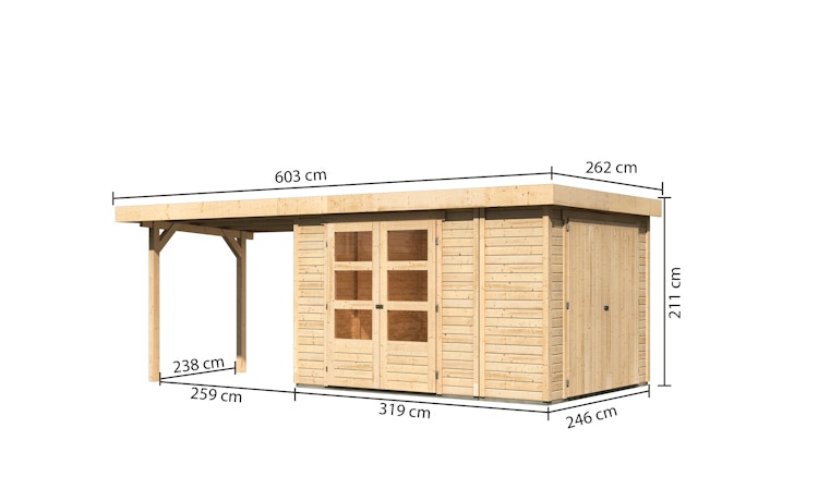 Karibu Woodfeeling Gartenhaus Retola 2/3/4/5/6 inkl. Anbauschrank u. 280 cm Schleppdach