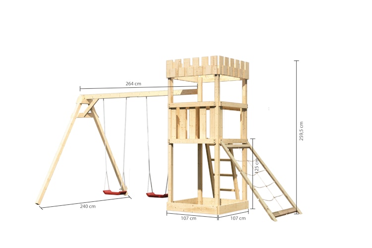 Akubi Kinderspielturm Ritterburg Löwenherz inkl. Doppelschaukelanbau und Netzrampe