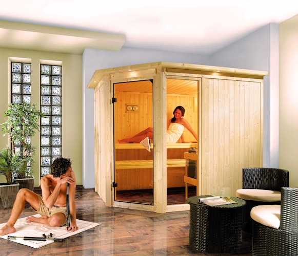 Karibu Sauna Fiona 3 mit Eckeinstieg 68 mm inkl. gratis Sauna-Zubehörset im Wert von 234,94 €