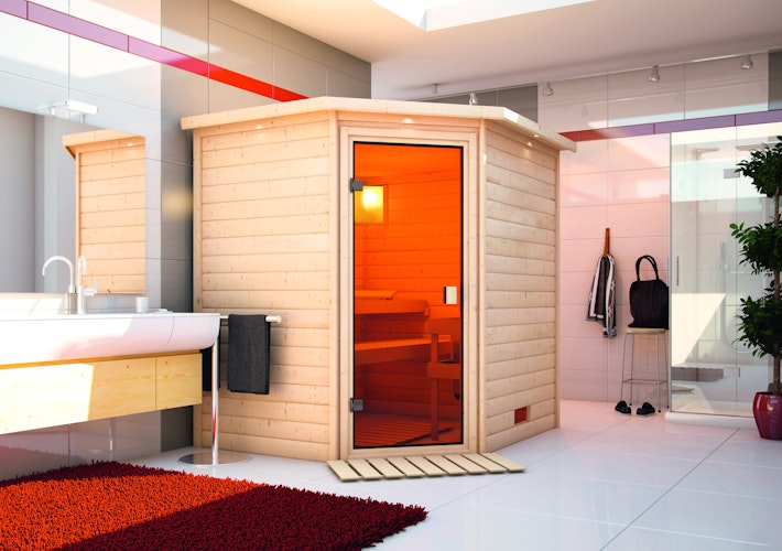 Karibu Woodfeeling Sauna Mia - 38 mm Massivholz Aktionssauna inkl. gratis Sauna-Zubehörset im Wert von 234,94 €