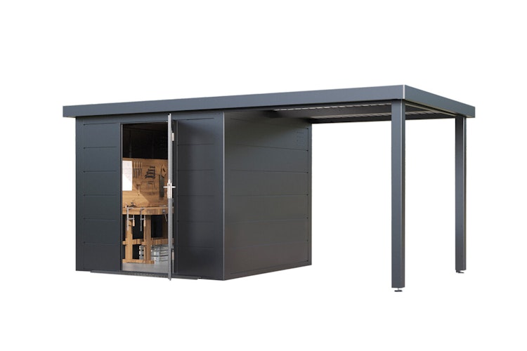 Wolff Finnhaus Premium Metall Gartenhaus Thorin 4824 Anthrazit inkl. 240 cm Anbaudach