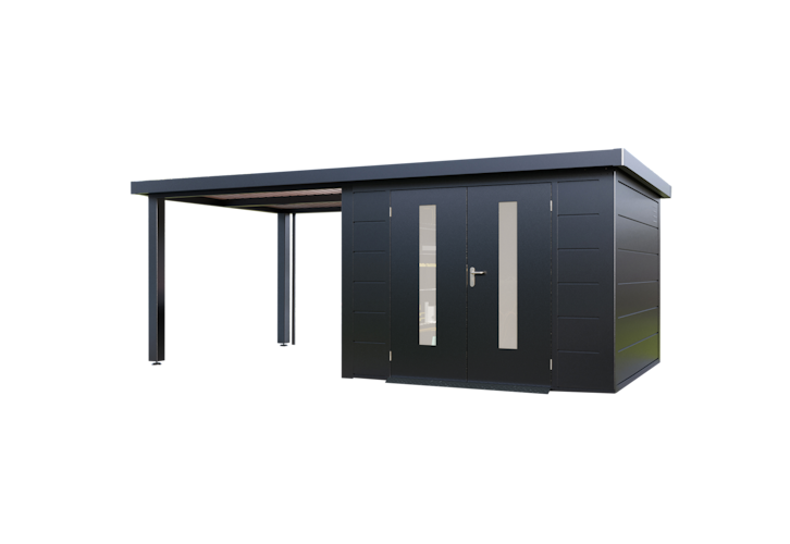 Wolff Finnhaus Premium Metall Gartenhaus Elvar 6030 Anthrazit inkl. 300 cm Anbaudach