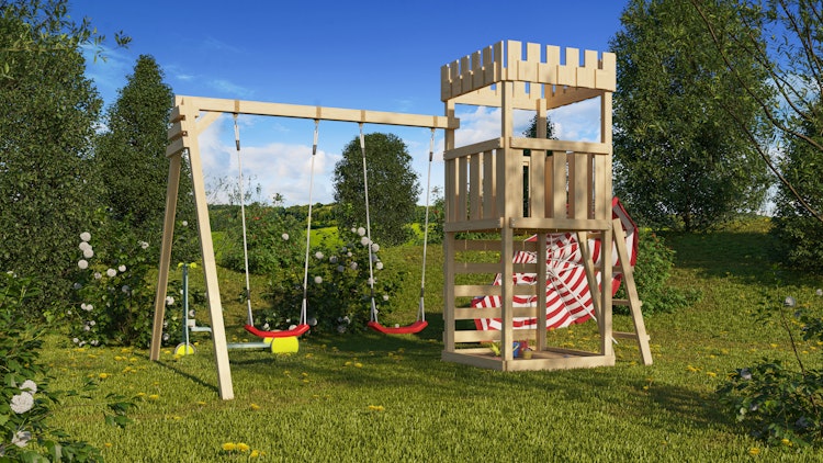 Akubi Kinderspielturm Ritterburg Löwenherz inkl. Doppelschaukelanbau und Kletterwand