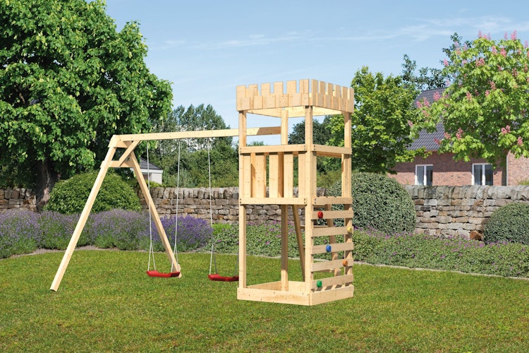 Akubi Kinderspielturm Ritterburg Löwenherz inkl. Doppelschaukelanbau und Kletterwand