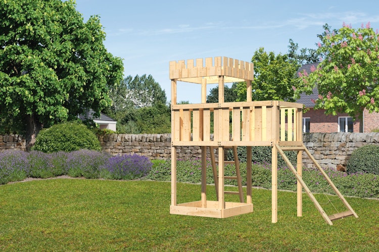Akubi Kinderspielturm Ritterburg Löwenherz inkl. Anbauplattform und Netzrampe