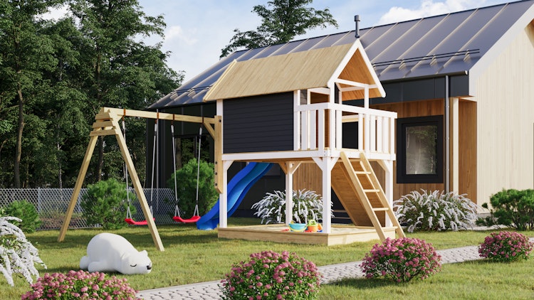 Akubi Stelzenhaus Fidel mit Satteldach inkl. Wellenrutsche und Doppelschaukelanbau