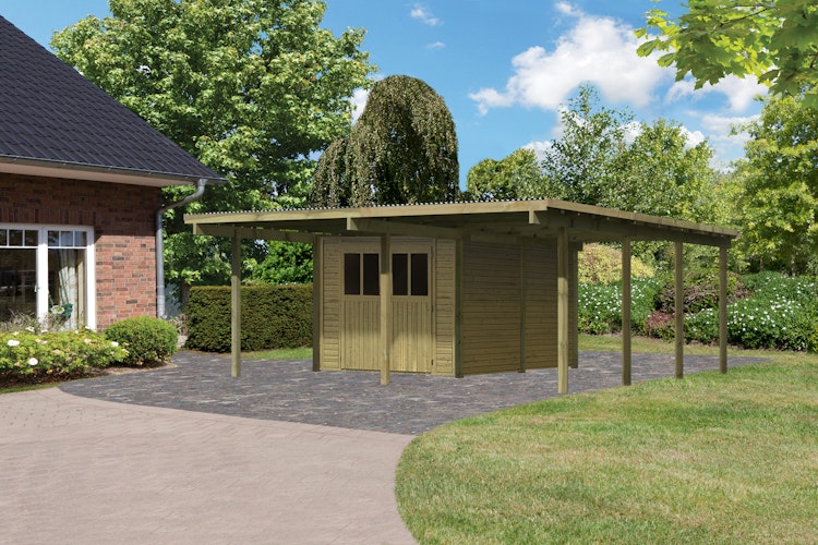 Karibu Doppelcarport Eco 2 mit integriertem Abstellraum mittel - kesseldruckimprägniert