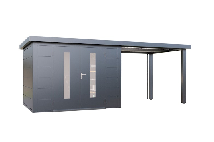 Wolff Finnhaus Premium Metall Gartenhaus Elvar 6024 Anthrazit inkl. 300 cm Anbaudach