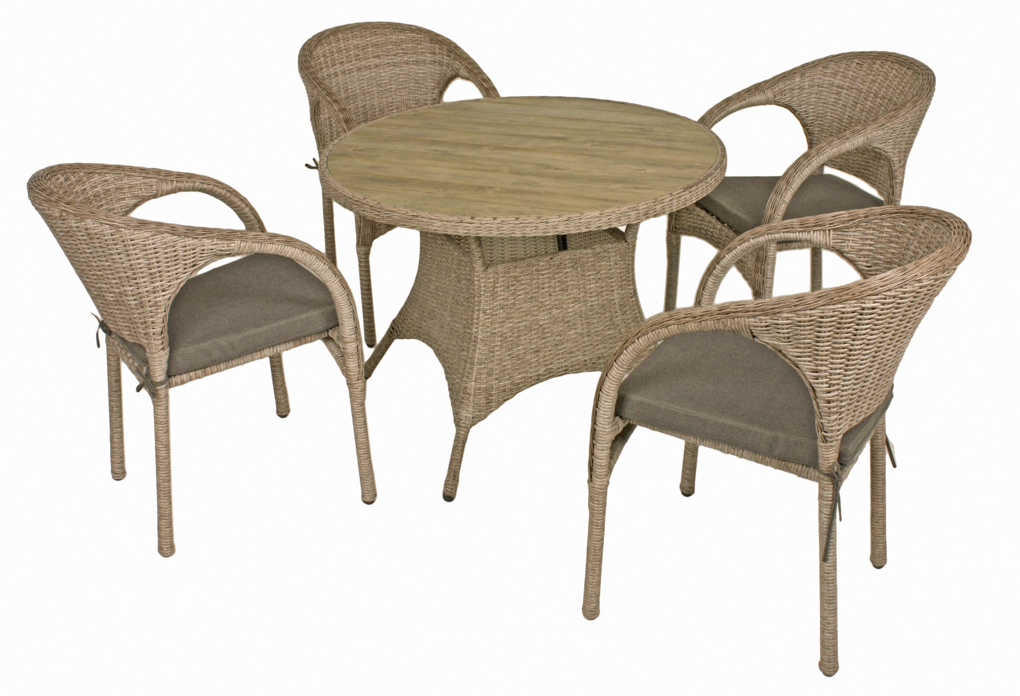Garden Pleasure Gartenmöbel Set BASTIA, Tisch Ø 100 + 4 Stühle, Polyrattan Ingwerbraun / Polywood / Kissen 100 % Polyester Anthrazit