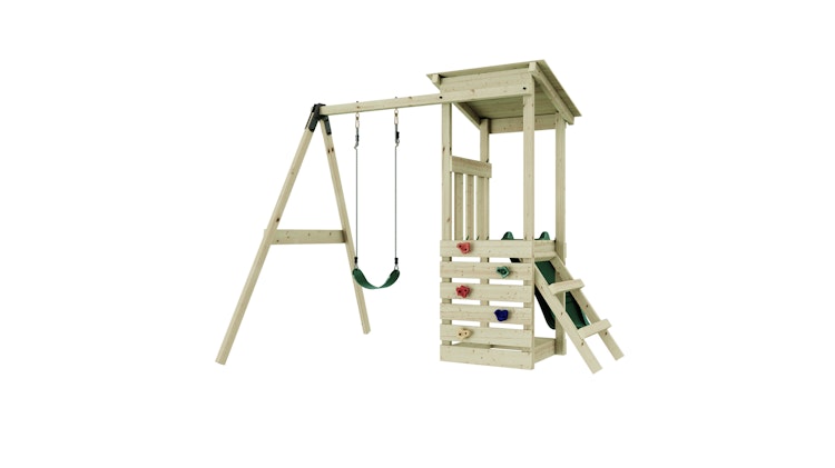 Rebo Spielturm Lyon inkl. Einzelschaukel, Rutsche und Kletterwand - by Weka