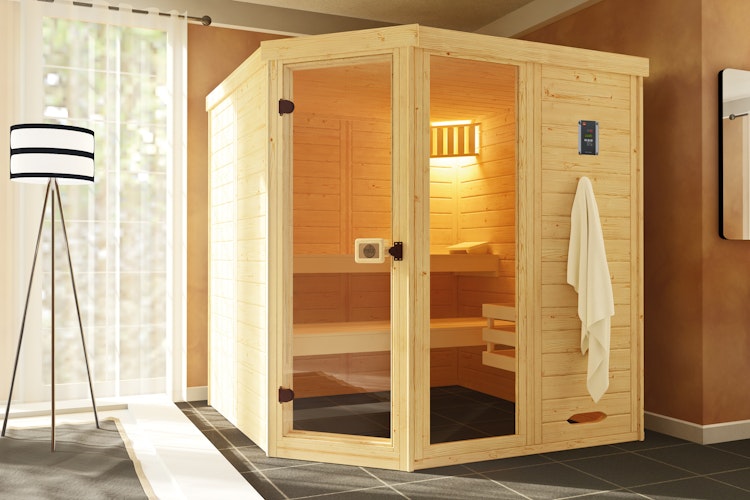Weka Massivholz-Elementsauna Laukkala 3 mit Glastür+Fenster - 38 mm mit Eckeinstieg