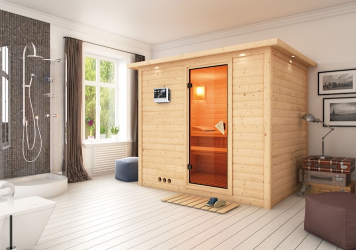 Karibu Sauna Sonara - Massivholzsauna mit Fronteinstieg 38 mm inkl. gratis Sauna-Zubehörset im Wert von 234,94 €