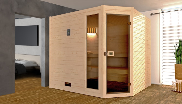 Weka Sauna Valida Eck Gr. 3 mit Glastür+Fenster - Massivholzsauna 38 mm mit Eckeinstieg