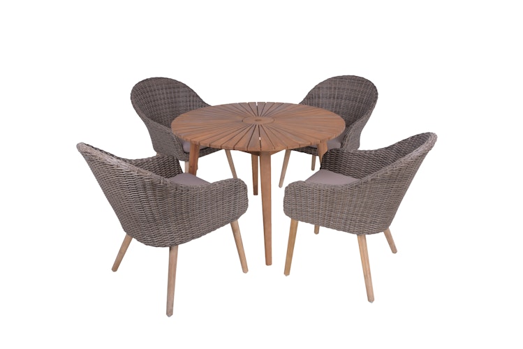 Garden Pleasure Gartenmöbel Set FREMONT / PUEBLO, Tisch Ø 110 + 4 Sessel, Akazie / Polyrattan Anisbraun / Kissen 100 % Polyester Taupe