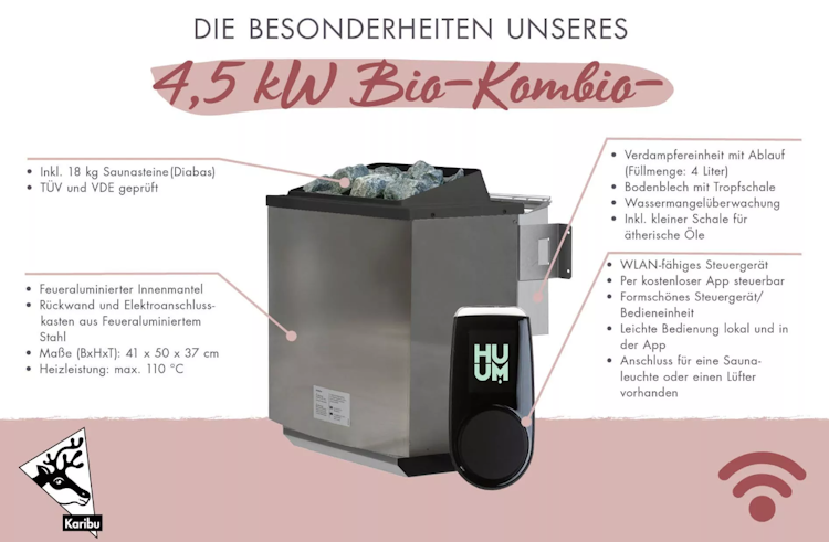Karibu 4,5 kW Bio-Kombiofen anthrazit inkl. Huum WLAN Steuergerät mit App-Steuerung