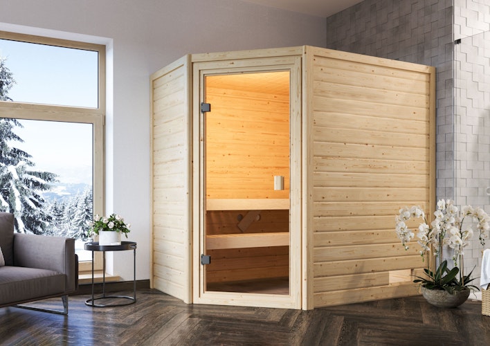 Karibu Woodfeeling Sauna Jella - 38 mm Massivholz Aktionssauna inkl. gratis Sauna-Zubehörset im Wert von 234,94 €