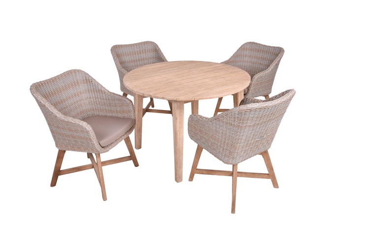 Garden Pleasure Gartenmöbel Set ARVADA / OAKLAND, Tisch Ø 110 + 4 Sessel, Akazie / Polyrattan Zimtbraun / Kissen 100 % Polyester Taupe