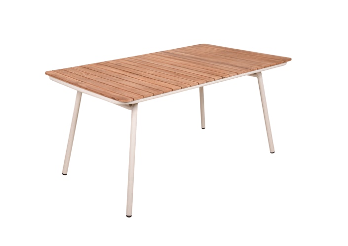 Garden Pleasure Gartenmöbel Set CARMEL, Tisch 150 x 90 + 4 Stapelsessel, Stahl Weiß / Teak / Rope