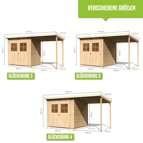 Karibu Eco Gartenhaus Grebenau / Glücksburg 2/3/4 mit 190 cm Schleppdach