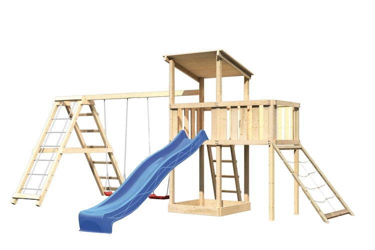 Akubi Kinderspielturm Anna mit Pultdach inkl. Netzrampe, Wellenrutsche, Anbauplattform, Doppelschaukel und Klettergerüst