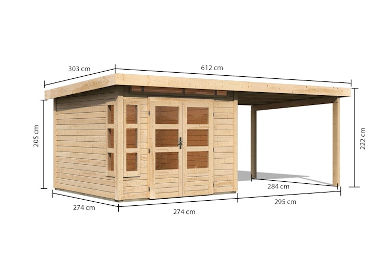 Karibu Premium Gartenhaus Kastorf 6/7 mit Fensterecke - inkl. 320 cm Anbaudach - 28 mm