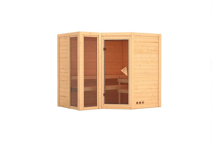 Karibu Sauna Amara-Massivholzsauna 38 mm -Eckeinstieg - Exklusivoptik inkl. gratis Sauna-Zubehörset im Wert von 234,94 €