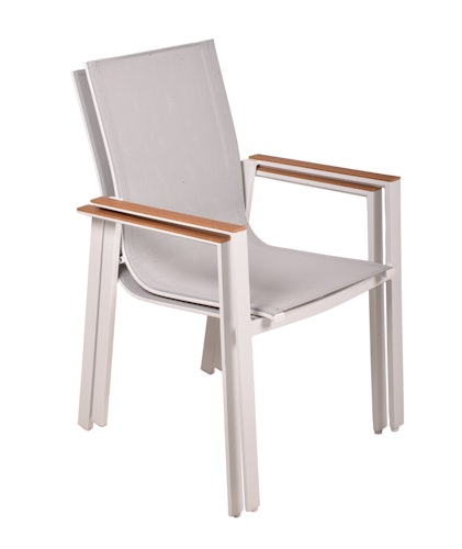 Garden Pleasure Gartenmöbel Set VENICE 02, Tisch 200 x 100 + 6 Stapelssessel, Alu Weiß / Nonwood Teak-Optik / Kunststoffgewebe Hellgrau