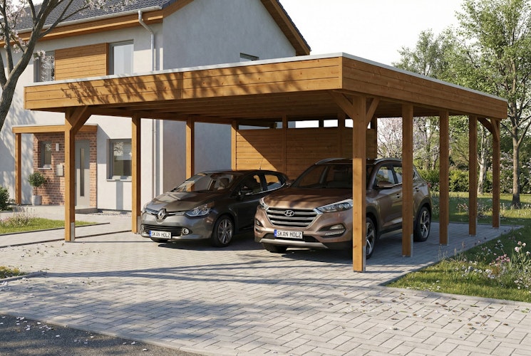 Skan Holz Doppelcarport Friesland 546x708 cm mit Abstellraum Set D