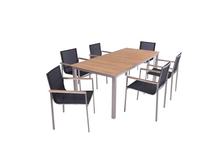 Garden Pleasure Gartenmöbel Set DALLAS / DENVER 04, Tisch 200 x 90 + 6 Stapelsessel, Edelstahl / Teak / Kunststoffgewebe