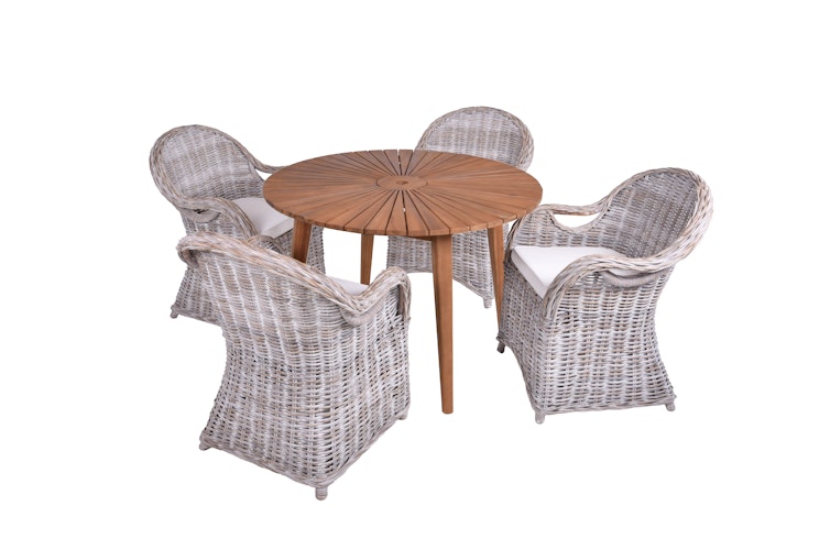 Garden Pleasure Tischgruppe FREMONT / BREST, Tisch Ø 110 + 4 Sessel, Akazie / Kubu Rattan / Kissen 100 % Polyester