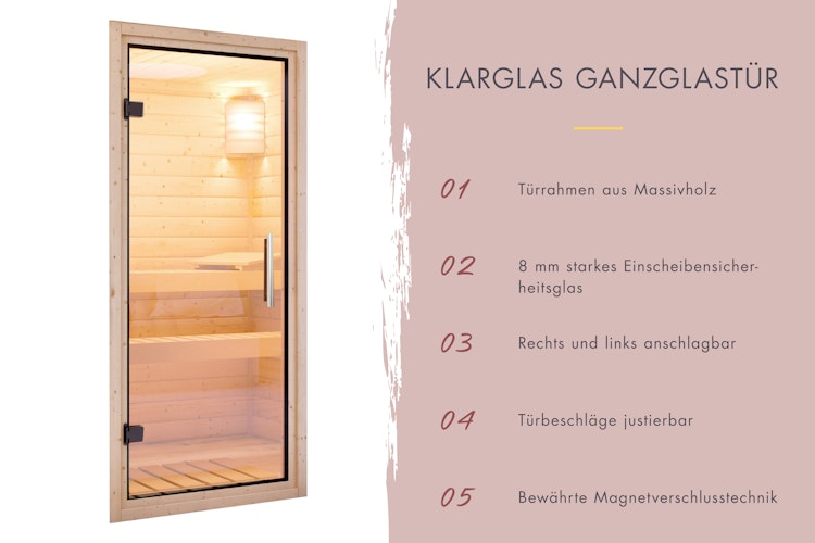 Karibu Saunahaus Fasssauna breit mit Klarglastür - 38 mm Sparset inkl. Schindeln
