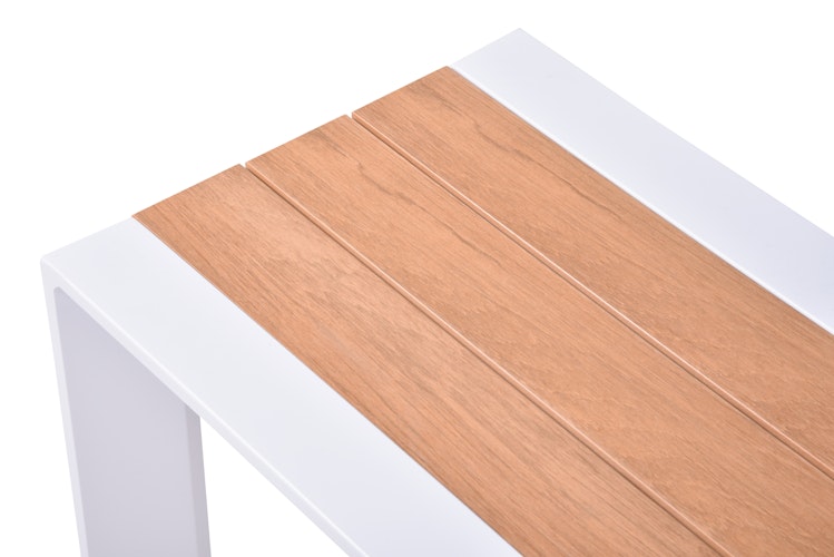 Garden Pleasure Gartenmöbel Set VENICE 03, Tisch 200 x 100 + 2 Bänke + 2 Stapelssessel, Alu Weiß / Nonwood Teak-Optik / Kunststoffgewebe Hellgrau