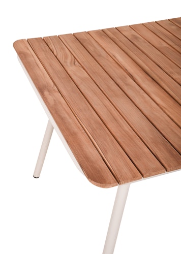Garden Pleasure Gartenmöbel Set CARMEL, Tisch 150 x 90 + 4 Stapelsessel, Stahl Weiß / Teak / Rope