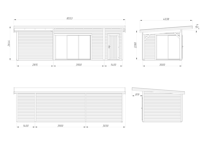 Palmako Gartenhaus Andrea 15,2 + 7,9 m² Slide - 44 mm
