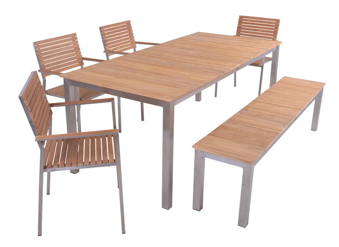 Garden Pleasure Gartenmöbel Set DALLAS / DENVER 02, Tisch 200 x 90 + Bank + 4 Stapelsessel, Edelstahl / Teak
