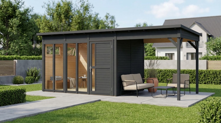 Bertilo Element-Gartenhaus Pentus 3 Office inkl. Lounge-Anbau - 19 mm