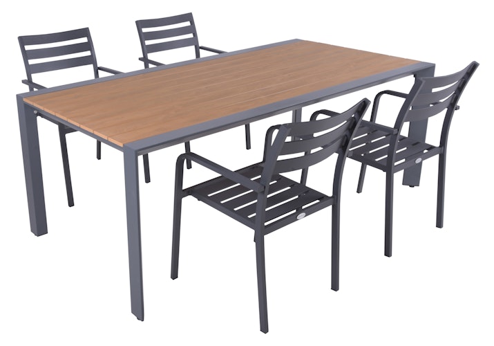 Garden Pleasure Gartenmöbel Set SILEA / TREVISO 01, Tisch 200 x 100 + 4 Stapelsessel, Aluminium / Nonwood