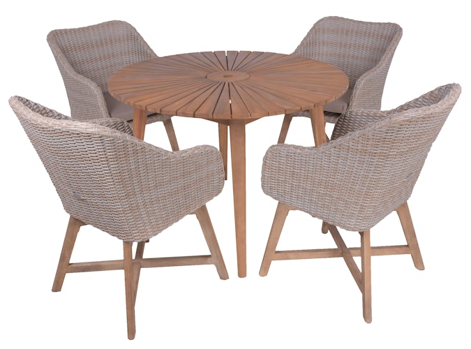 Garden Pleasure Gartenmöbel Set FREMONT / OAKLAND, Tisch Ø 110 + 4 Sessel, Akazie / Polyrattan Zimtbraun / Kissen 100 % Polyester Taupe