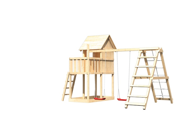 Akubi Stelzenhaus Frieda mit Doppelschaukelanbau und Klettergerüst