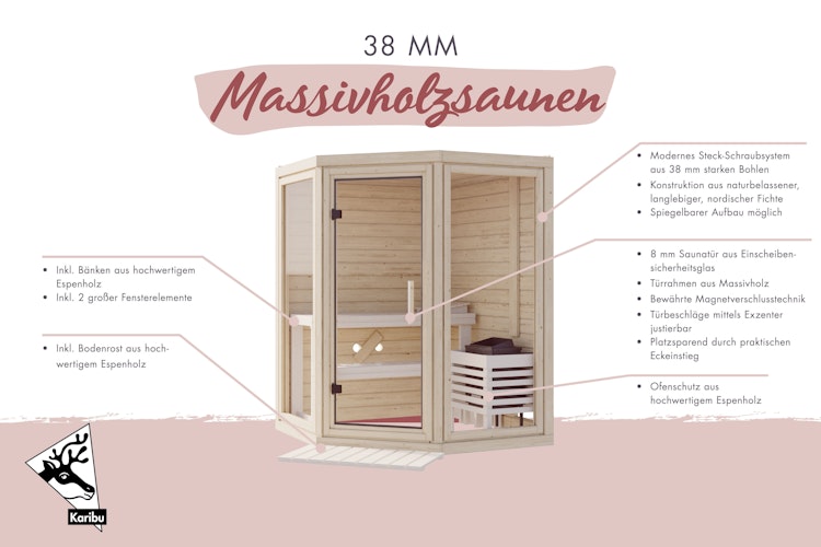 Karibu Sauna Yuma - Massivholzsauna mit Eckeinstieg 38 mm inkl. gratis Sauna-Zubehörset im Wert von 234,94 €